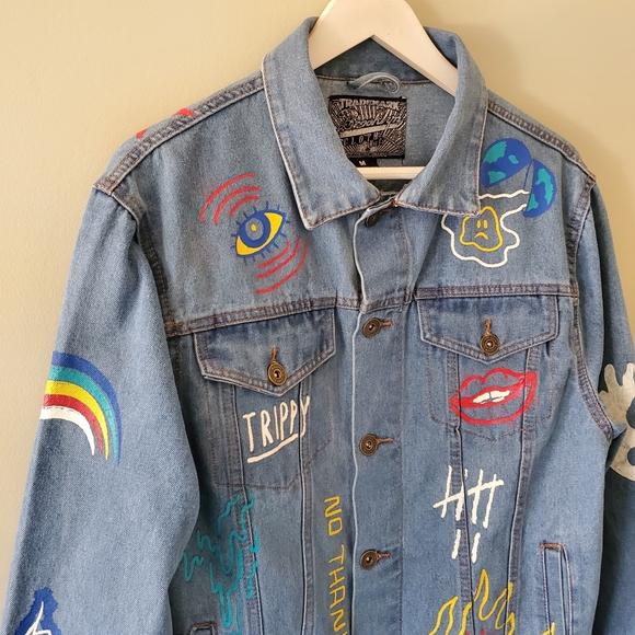 Brooklyn Clothing M Indie Sleeze 90s Grunge Flames Rainbow Unisex Jean Jacket - Picture 4 of 11